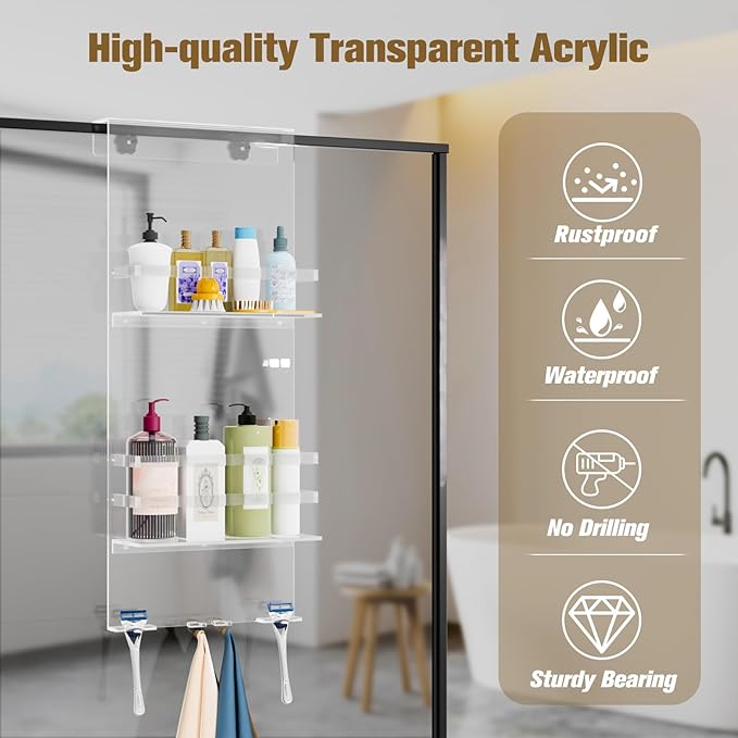 Nynelly Over The Door Shower Caddy, Acrylic Shower Caddy Shelf with Hooks, No Drilling Adjustable Hanging Shower Organizer for Bathroom Storage, Body Wash Shampoo Holder
