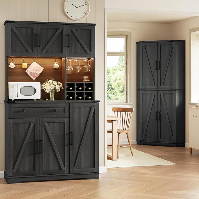 Dripex 71" Corner Cabinet Black, Farmhouse Kitchen Pantry Cabinet with Doors Storage & Adjustable Shelves, Tall Corner Storage Cabinet with LED Light, Food Pantry for Living Room, Dining Room