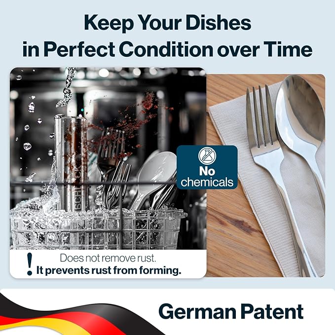 RUST-BE-GONE Rust Prevention for Silverware and Pans – Silver Polish for Silverware – German Patent – Chemical Free & Reusable – Rust Magnet Dishwasher Cleaner Tablets