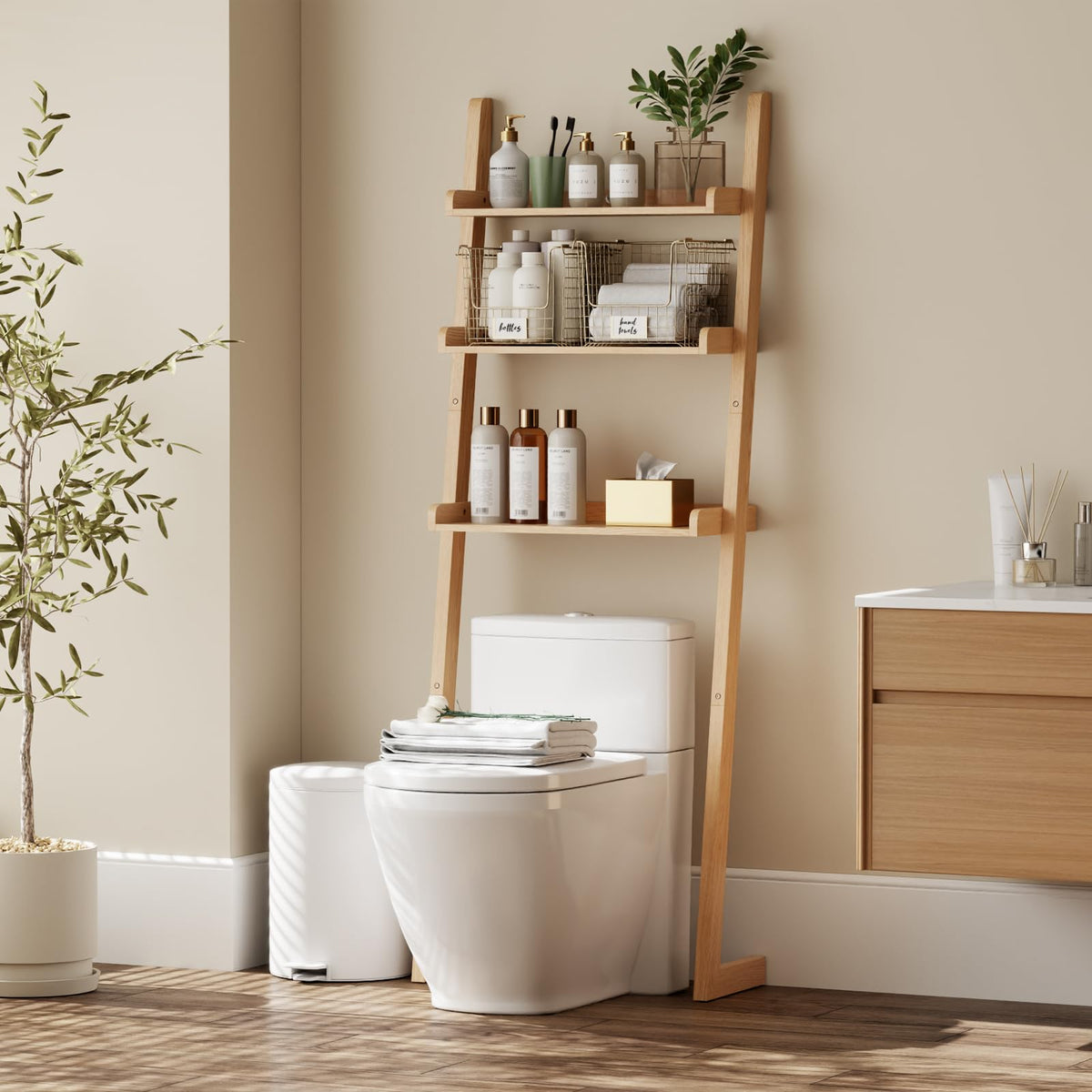 Over The Toilet Storage Shelf Wood, 3-Tier Above Toilet - Image 1