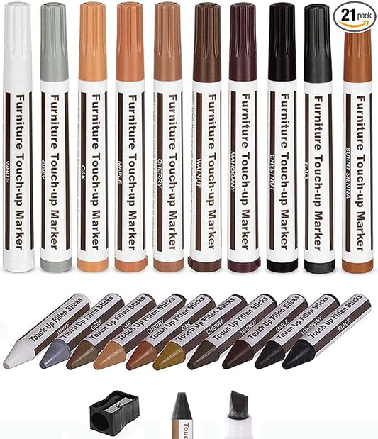 Furniture Markers Touch Up, Lifreer 21 Pcs Wood Filler Floor Scratch Repair Kits, Wood Markers and Wax Stick with Sharpener Kit for Funiture Repair,Floor Scratch