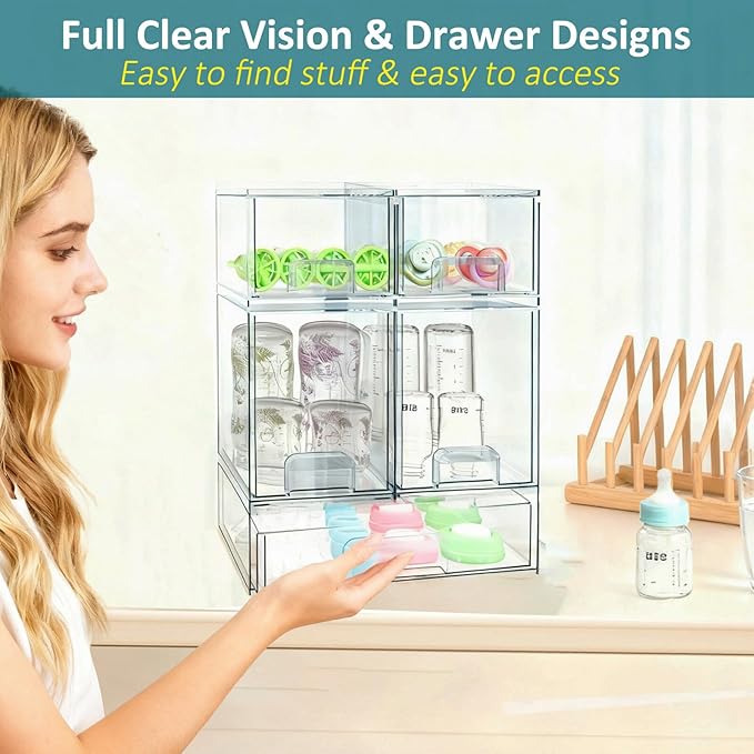 Baby Bottle Organizer for Countertop with Dust Protection, 5Pack Stackable Baby Organizers and Storage for Bottles, Clear Acrylic Container with Drawer for Kitchen, Cabinet, Vanity, Bathroom, Pantry