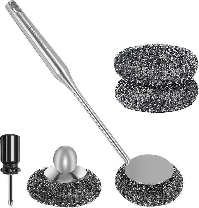 Stainless Steel Steel Wool Scrubber Set, One Dish Brush with Handle and One Long-Handled Steel Wool Brush, for Cleaning Tableware, Cooking Tools and Barbecue Grills' Metal Dish Scrubber.