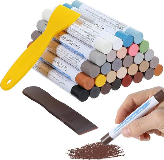 30+2Pieces Wood Filler Sticks, 30 Colos Wood Filler Putty Wax Crayons Furniture Repair Kit Putty Stick for Baseboard Cabinets Furniture Floors(with 2 Scrapers)
