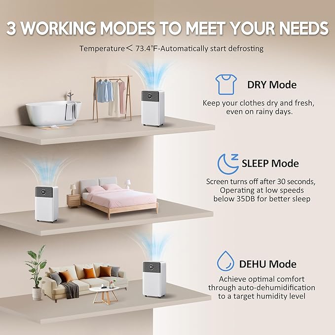 2500 Sq.Ft Dehumidifiers with Drain Hose, Max 42 Pints, Intelligent Humidity Control, 24H Timer, 3 Modes, Child Lock, Auto Defrost, Ideal for RV, Bathroom, Bedroom