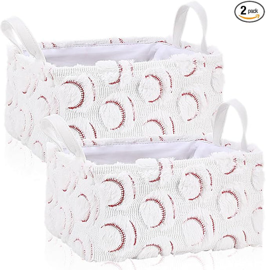 2 Pcs White Baseball Storage Baskets 14x10 Inch Easter Baskets Baseball Laundry Foldable Fluffy Storage Bin with Handle Sport Home Decor Closet Organizer for Countertop Tabletop Car