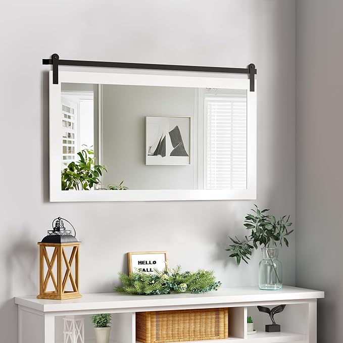 COGOOD Farmhouse Bathroom Mirror - 45 x 30 Rustic Wood Framed Wall Barn Door Mirror for Entryway, Living Room, Entryway Wall Decor (Pure White)