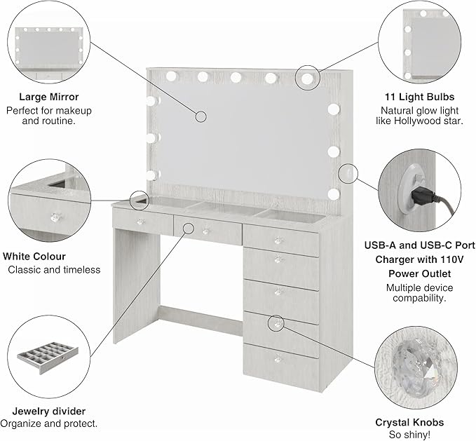 Boahaus Serena White Makeup Vanity with Mirror and 11 Lights, 7 Drawers, Glass Top, Crystal Knobs, USB-A & USB-C Ports, 110V Power Outlet, Bedroom Vanity Desk (Grey)