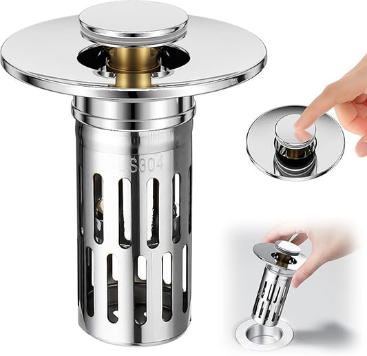 3 in 1 Sink Drain Strainer with Hair Catcher,Stainless Steel Popup Sink Stopper with Basket for Bathroom Kitchen Shower,Pop-up Bounce Core Floor Basin Drain Filter,Replacement Sink Plug 1PCS