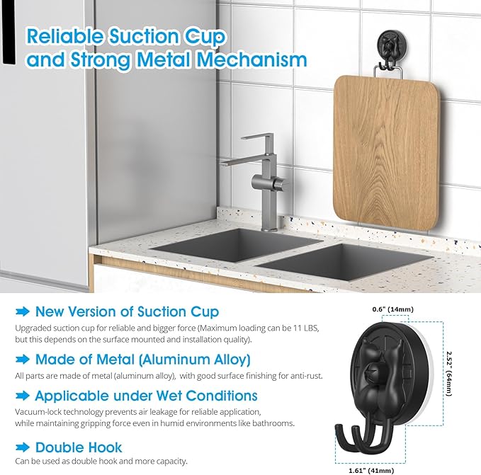 AST Cute Double-Cat Suction Cup Hook, 2 Pack, Heavy Duty Hooks, Upgraded Reliable Force of Both Adhesion and Vacuum, Wall Holders for Loofah, Towel, Coat and Bath Robe, Waterproof Hanger, Matte Black
