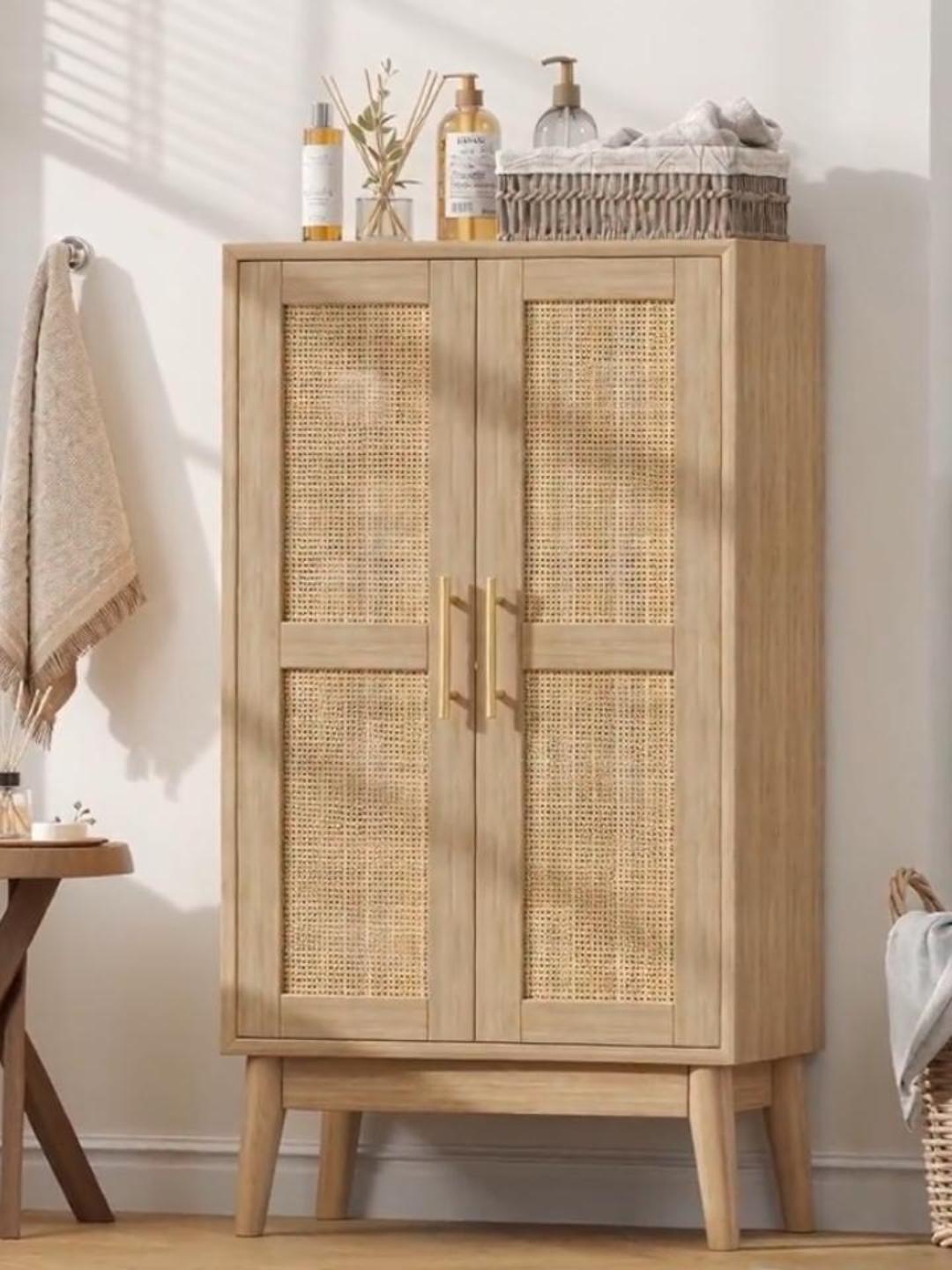 Keehusux 43" Tall Bathroom Storage Cabinet with Doors, Rattan - Image 8