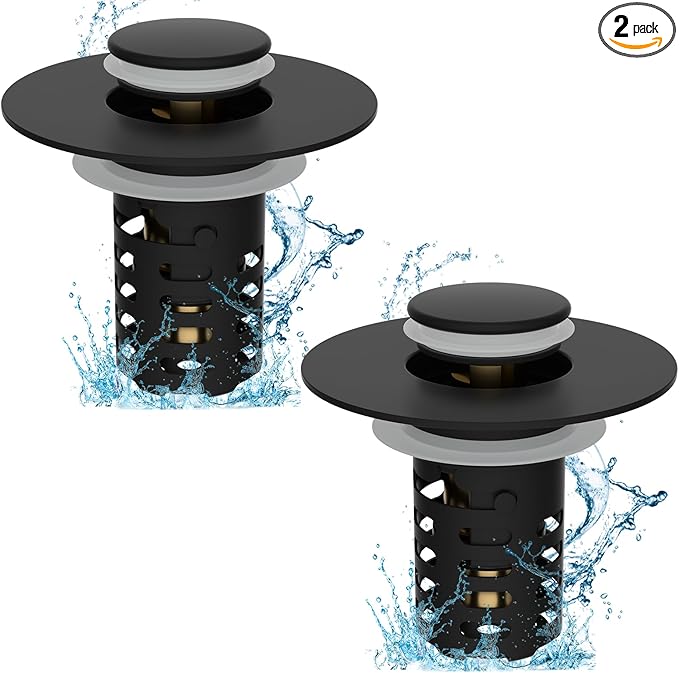 Upgraded Bathroom Sink Drain Strainer Hair Catcher 2PCS Universal 3 in 1 Pop-up Sink Stopper, Fit for 1.1''~2.36'' Basin Hole, with Detachable Stainless Steel Filter Basket, Matte Black