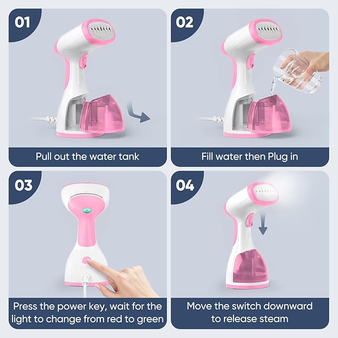 Steamer for Clothes, Kolohoso 1500W Fast Heat Up Handheld Garment Steamer, Portable Travel Clothing Fabric Steamer with Upgraded Nozzle and 260ml Water Tank (LightPink)