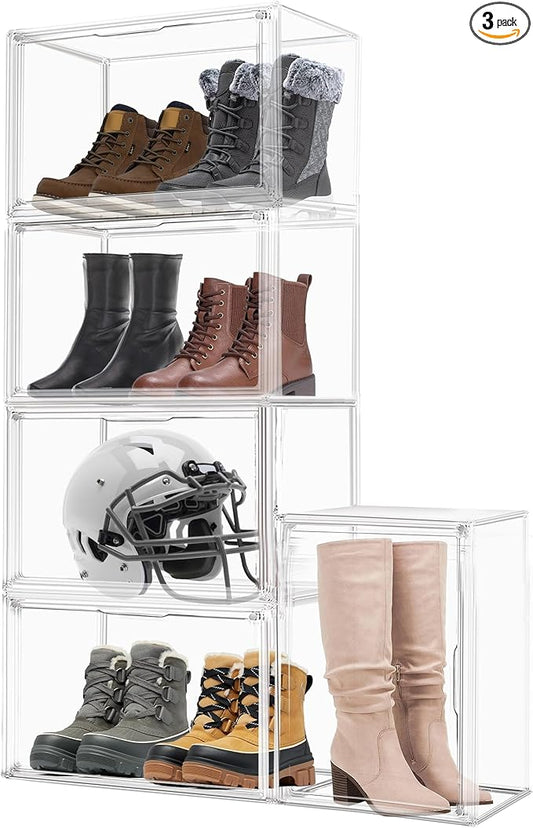 3 Pack XXX-Large Clear Display Case, 17.7''x13''x13'' Tall Boot & Shoe Box Acrylic Display Case Extra Large Figure Collectibles Showcase Clear Stackable Handbag Trophy Display Box with Magnetic Lid
