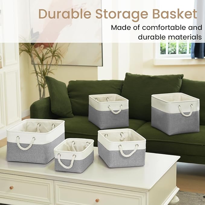 Storage Baskets for Shelves 13.8x9.8x6.7 Inch, Foldable Fabric Storage Bins with Handles, Small Storage Baskets for Organizing Closet, Office, Home Organization (6-Pack, White&Gray)
