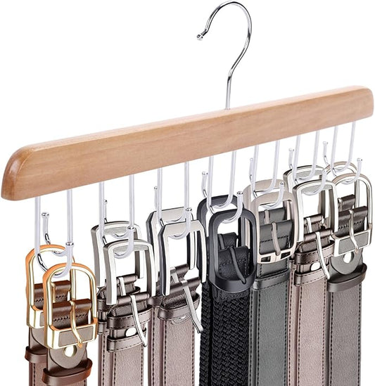 JOHOUSE Belt Organizer for Closet Max 42 Belts, Wooden Sports Bra Hanger Tie Rack with 14 Hooks for Men Women Tank Top, Scarf Closet Storage