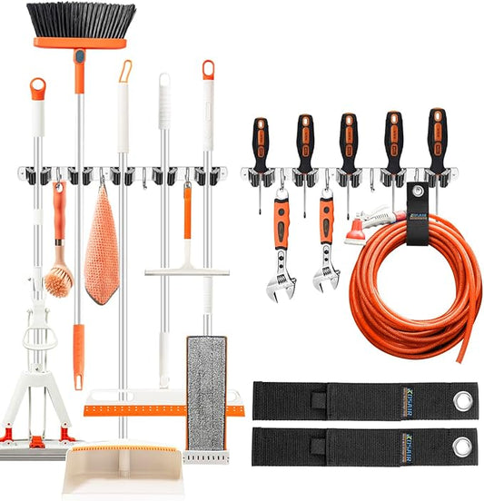 2 Pack Broom Holder Wall Mount with 13" Heavy-duty Storage Strap Kit - 5 Slots & 4 Hooks Broom Mop Holder, Heavy Duty, Stainless Steel, for Laundry Room Garage Closet Organization