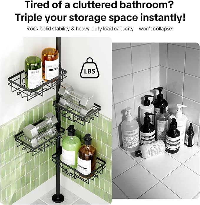 Shower Tension Rod Organizer, 6 Tier Rustproof Corner Shower Caddy Tension Pole with Soap Holder & Hooks, Adjustable 30-121 Inch Bathroom Shelf for Renters - Family Stand Storage Rack, Black