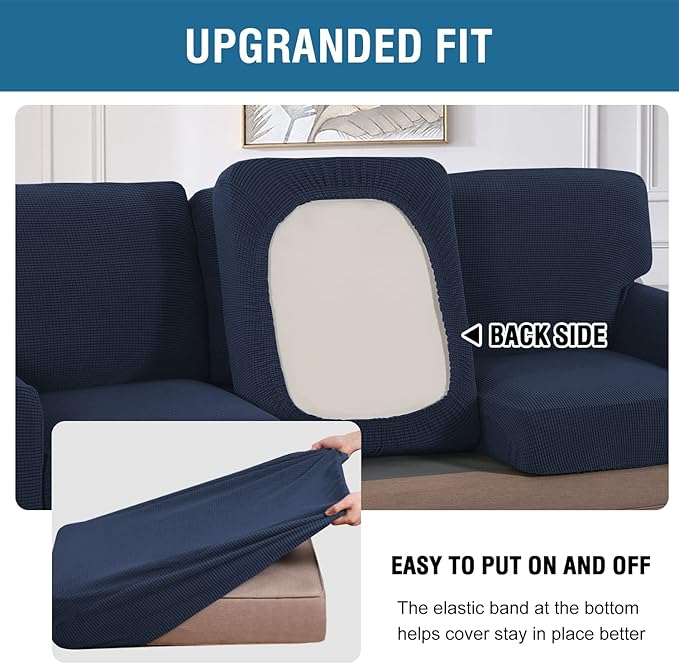 H.VERSAILTEX Multi-Pieces Sofa Covers Stretch Couch Covers Form Fitted Seats and Back Cushions Covers (3 Seat Covers Plus 3 Back Cusion Covers, Bonus 2 Armrest Covers), Navy