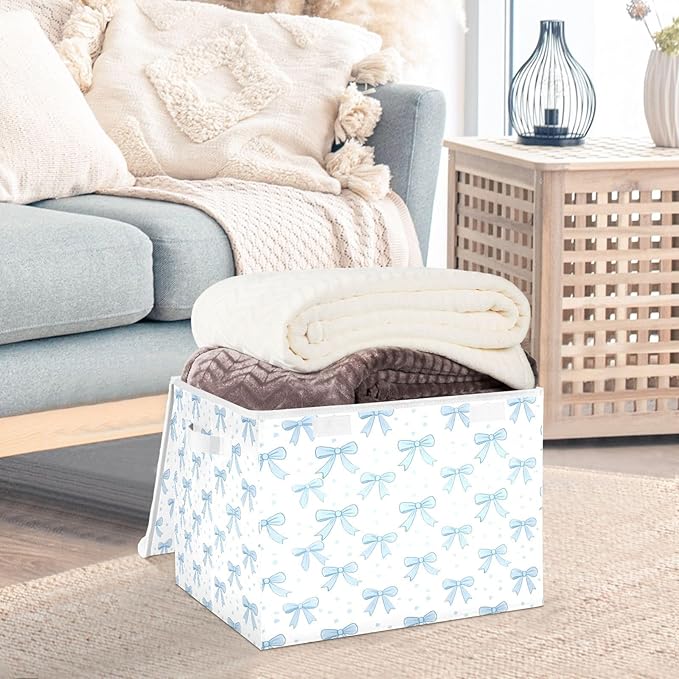 Blue Bows Fabric Storage Bin with Lid, Collapsible Basket with Handles, Shelf Cube Closet Organizer for Home and Bedroom