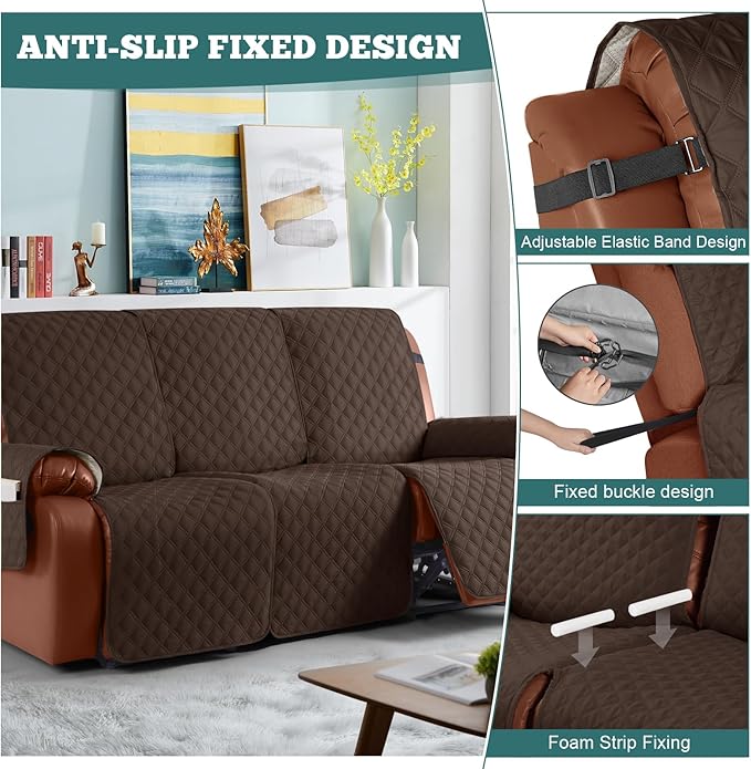 Ruaozz Waterproof Recliner Sofa Covers, 1-Piece Couch Covers for Reclining Couches Reclining Couch Cover Washable Furniture Protector with Elastic Straps Pocket for Kids Pets (Dark Brown, 3 Seater)