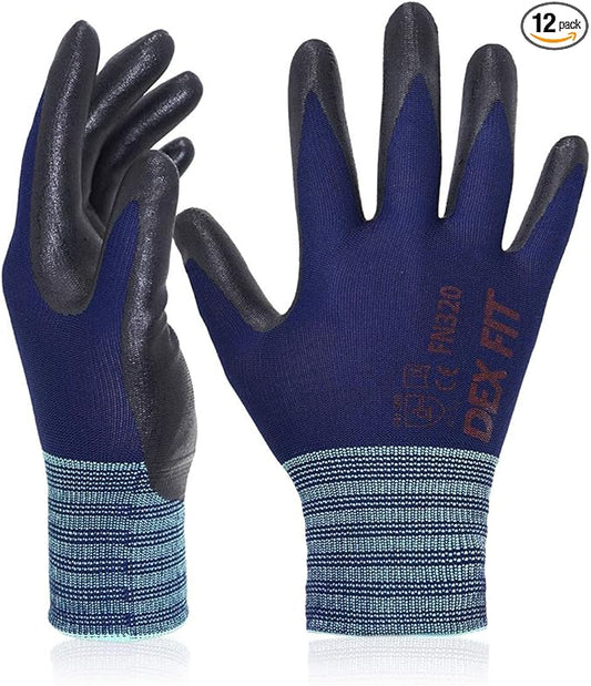 DEX FIT Premium Nylon Work Gloves FN320 - Firm Nitrile Grip, 3D-Comfort Stretchy Fit, Thin & Lightweight, Protective & Durable, Breathable, Machine Washable; Navy 9 (L) 12 Pairs