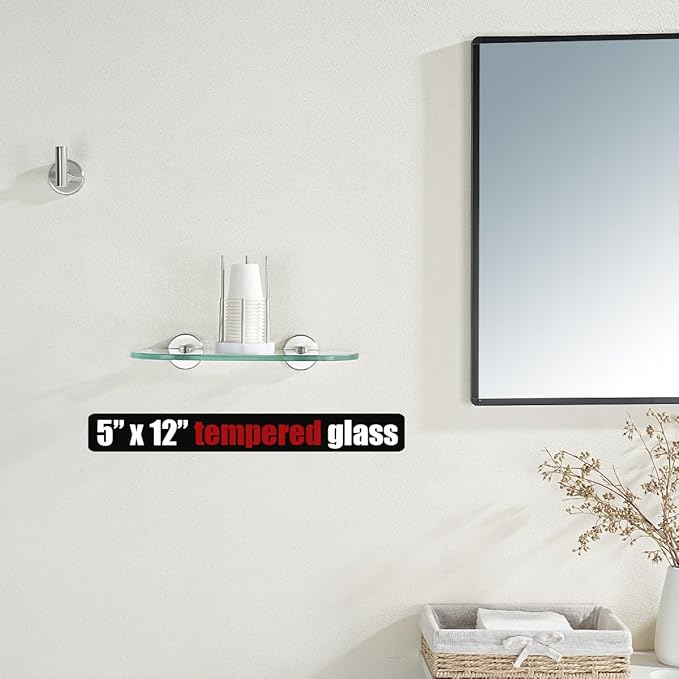 JQK Bathroom Glass Shelf, Floating Tempered Glass Shower Storage 12 by 5 inches, 304 Stainless Steel Brushed Finish Wall Mount 2 Pack, TGS121L12-BN-P2