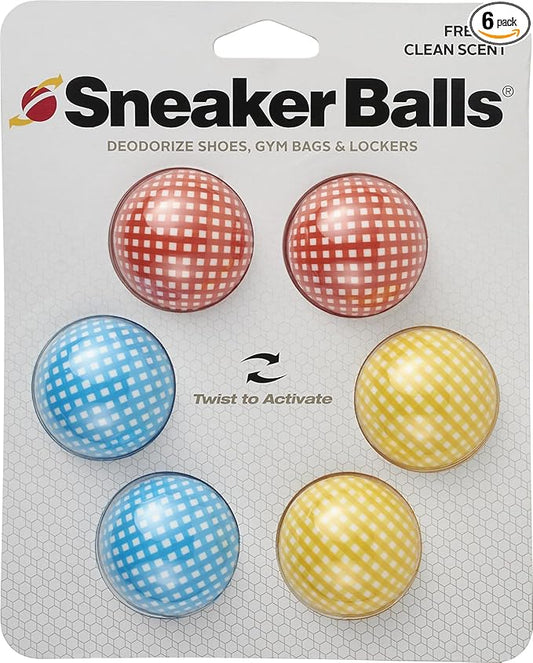 Sneaker Ball Shoe Odor Eliminator & Remover - Fresh, Clean Scent Blocks Odors - Twist-to-Activate - Compact & Durable - Fun, Colorful Designs - Ideal for Shoes, Gym Bags, Lockers, Checkered, 6 Pack