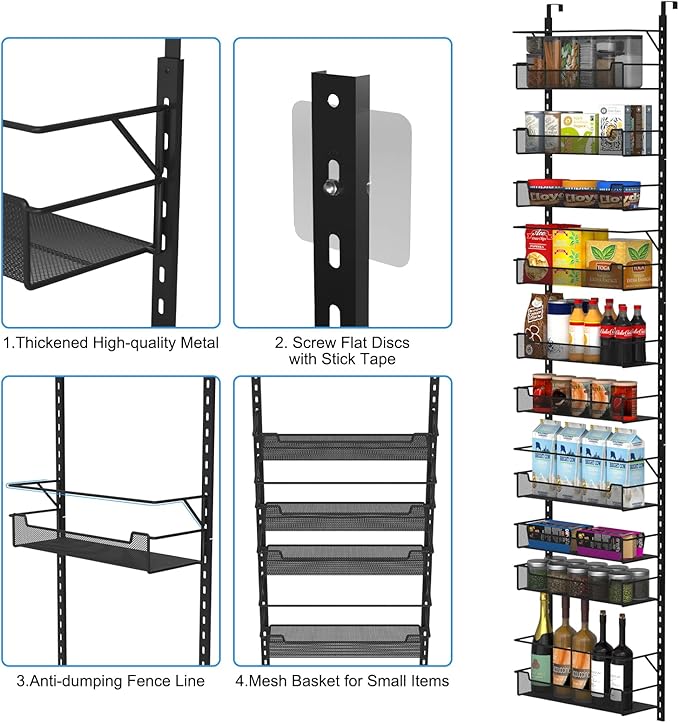 10-Tier Over the Door Organizer - Adjustable Pantry Storage Rack (Black)
