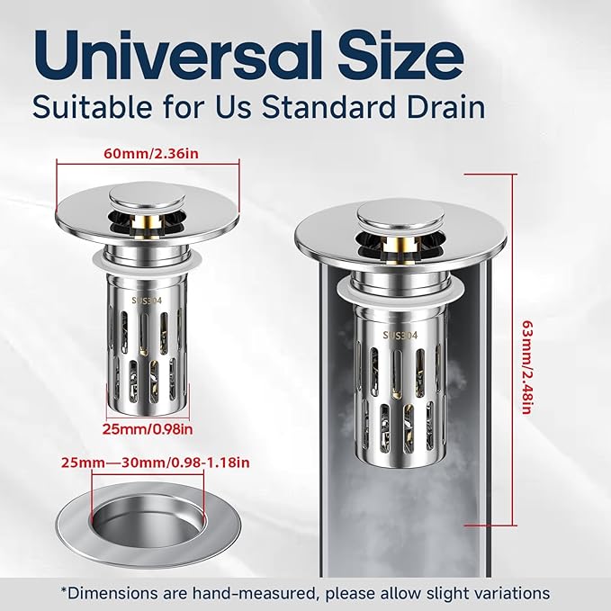 Pop Up Sink Drain Strainer, Bathroom Sink Drain Stopper with Removable Stainless Steel Drain Hair Catcher Basket, Universal Bathroom Sink Stopper Replacement, Drain Plug Filter (2PCS New)