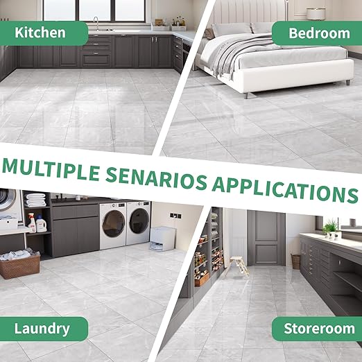 20-Pack Peel and Stick Floor Tiles Vinyl Floor 12 x 12 inch Self Adhesive Waterproof Glossy Flooring Planks DIY for Bathroom, Kitchen, Living Room, RV, Cover 20 Sq. Ft, Polish Light Grey Marble