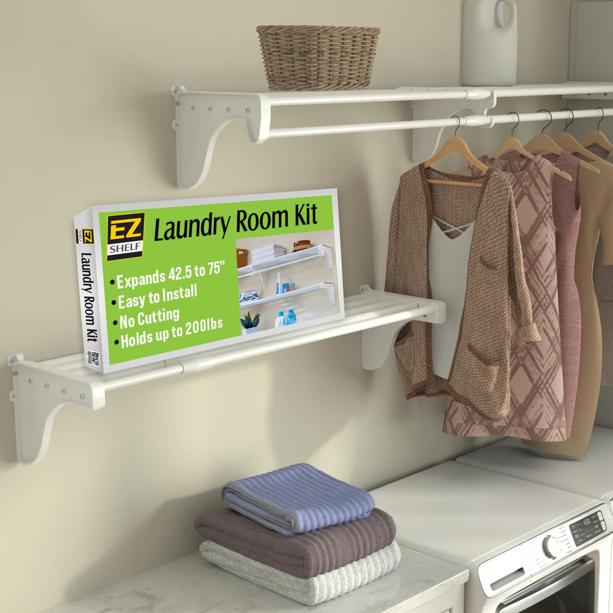 EZ Shelf Expandable Laundry Room Shelving Kit, Wall Mount, White - Image 1