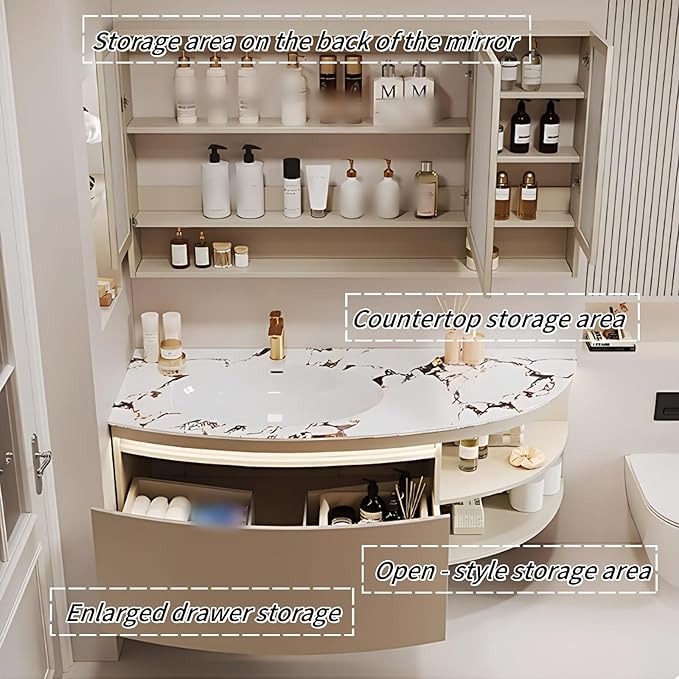 56IN Floating Bathroom Vanity, Wall Mounted Wood Sink Cabinet with Smart Sensor LED Light Strip & Open Style Side Cabinet | LED Lights & Defogging Function, Single Sink Vanities Set (Beige)