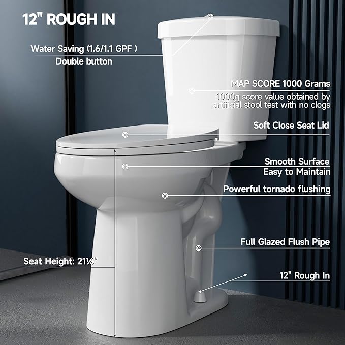 Elongated Extra Tall Toilet 21 Inch for Seniors 1.1/1.6 GPF Tornado Dual Flush - Two Piece Comfort High Toilet for Bathroom, 20.5 Inch Bowl Height, 21.25 Inch Seat Height, 12" Rough In, White