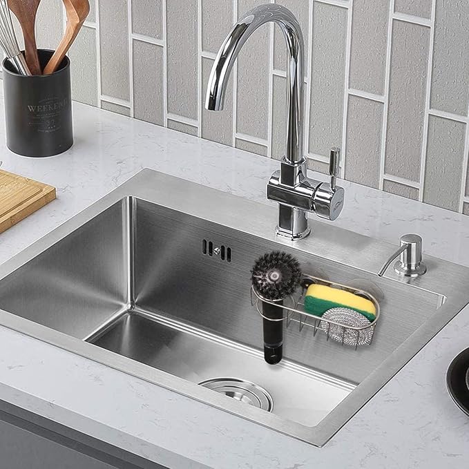 Sink Sponge Holder, Magnetic Kitchen Sink Caddy, 304 Stainless Steel Sink Brush Holder+Sponge Holder, Sink Drain Frame- Silver (Traceless suction cup)