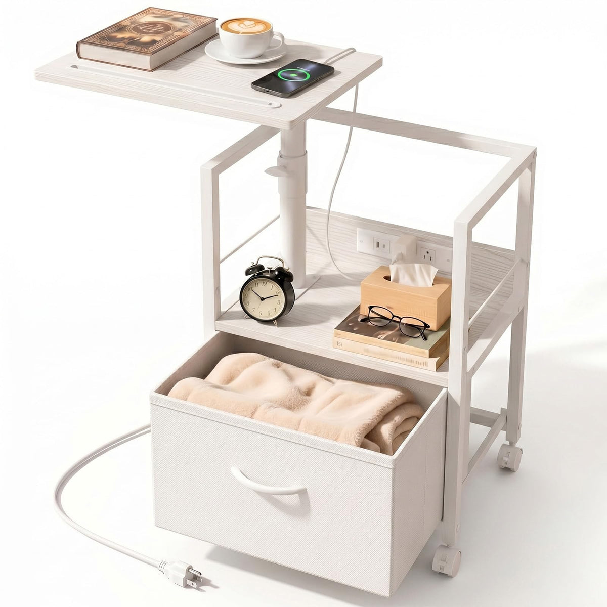 Faesun Night Stand with Charging Station & Swivel Top, White - Image 1
