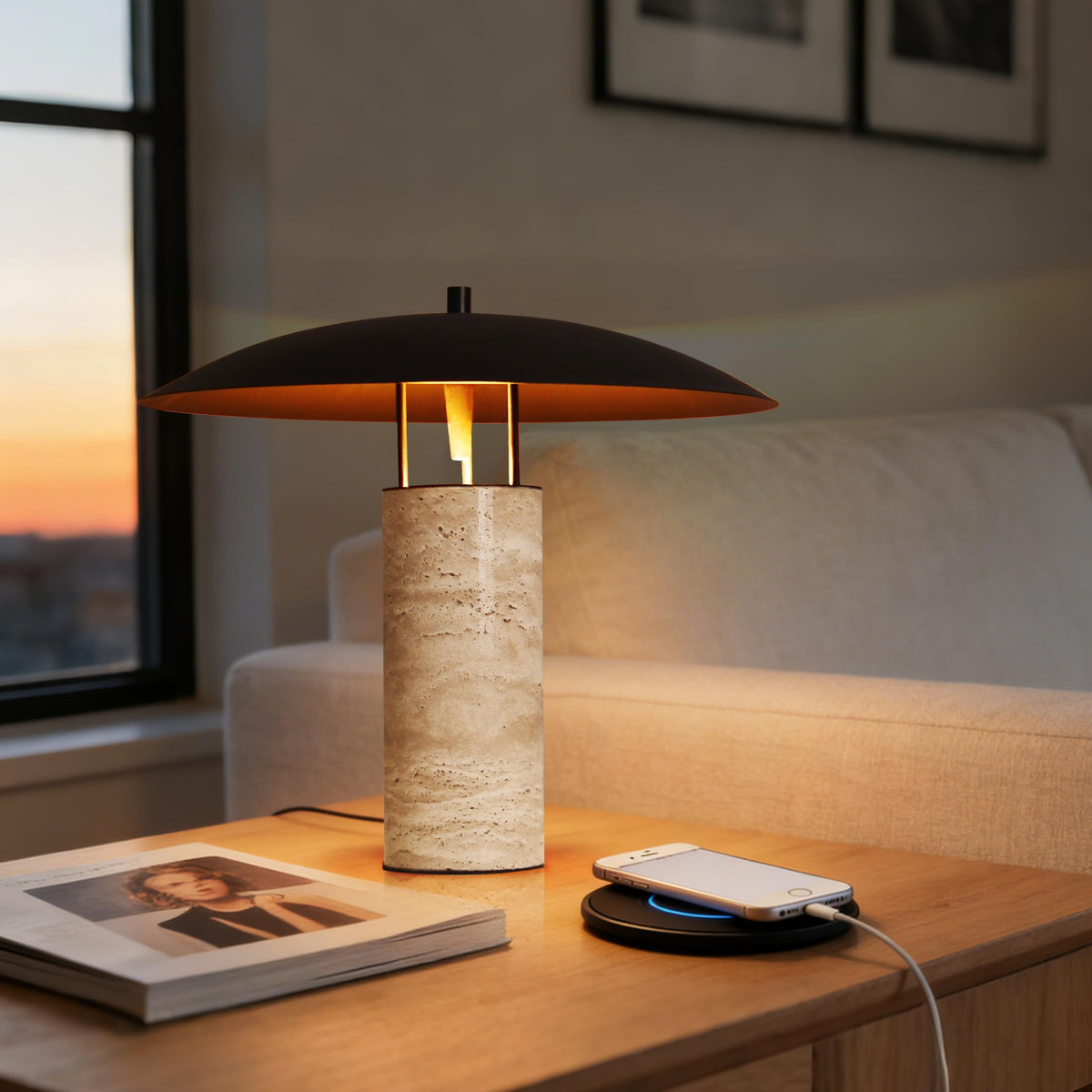 Mid-Century Modern Large Table Lamp, Natural Travertine Bedside - Image 1
