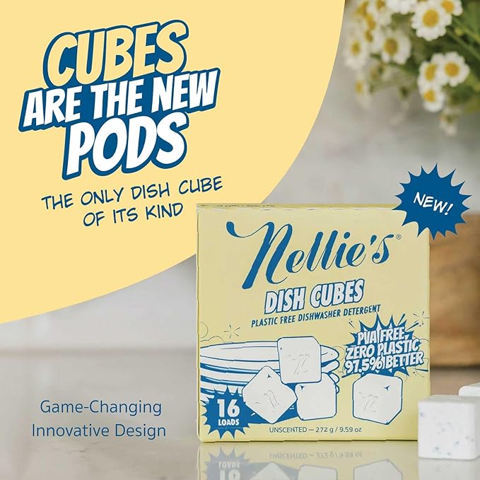 Nellie’s Dish Cubes – 64-Pack (4 Boxes of 16 Cubes) – Compact Dishwasher Detergent – Space-Saving, Plastic-Reduced Packaging – Tough on Grease and Grime – Made in Canada