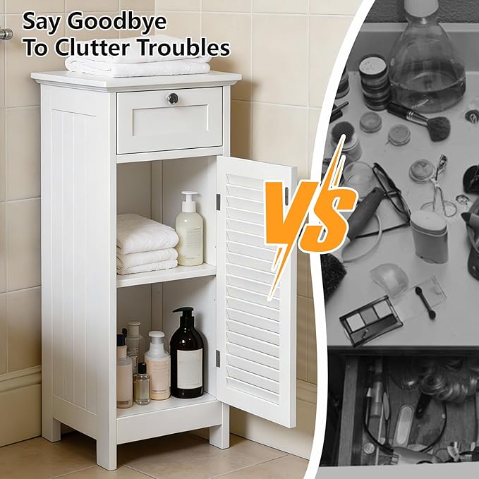 Small Bathroom Storage Cabinet, Freestanding Narrow Floor Cabinet with Drawer & Shutter Door for Small Spaces, Storage Organizer for Bathroom, Living Room, Entryway, 12.6 x 11.8 x 34.3 in