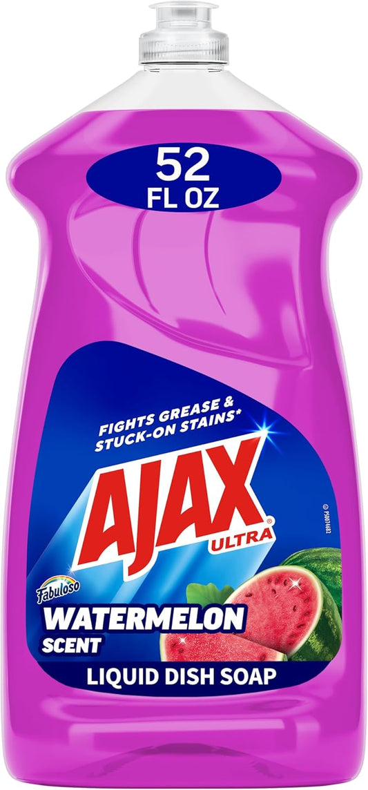 Ajax Ultra Liquid Dish Soap with Fabuloso Watermelon Scent, Fights Grease and Stuck-On Stains, Deep Cleaning Action, Mess-Free, Easy-Flip Cap, 52 fl oz Bottle
