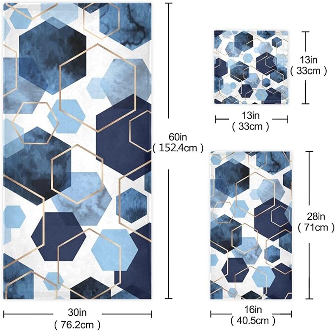 Navy Blue Geometric Bath Towels Set,Ultra Soft 3 Piece Modern Art Sky Blue Abstract Towels for Bathroom,1 Bath Towel 1 Hand Towel 1 Washcloth,Absorbent Quick Dry Decoractive Bathroom Towels