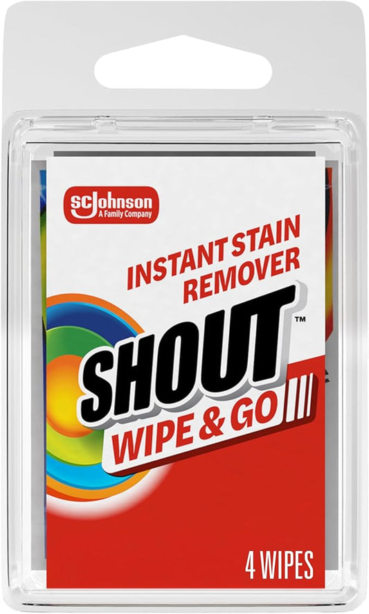 Shout Wipe & Go Instant Stain Remover Wipes, No Wash Required, Safe on Colorfast Washables, Travel & Baby Diaper Bag Essentials, Removes Grass, Coffee, Makeup & More, 4 Wipes (Pack of 1)
