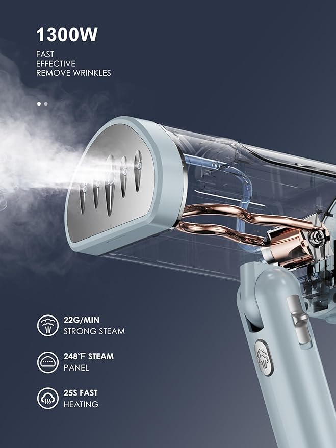 Reemix Portable Garment Steamer, Powerful Foldable Handhled Steamer 1300W, Travel Size Steamer For Clothes 20S Fast Heat-up, Fabric Steamer for Home & Travel, 120V Only (Aqua)