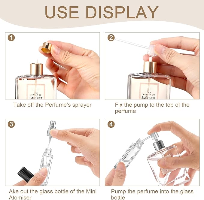 Domensi 60 Pcs 8 ml Empty Glass Perfume Bottles Bulk - Gold,Silver,Black Refillable Cologne Spray Atomizer with Pump, for Travel, Skincare, Haircare, Cleaning & DIY Essentials