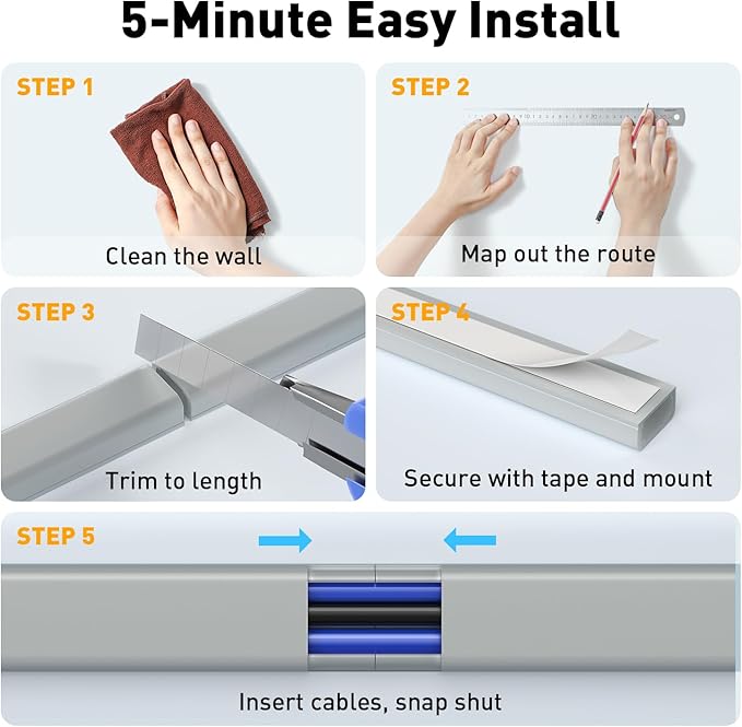 Delamu Grey Cord Hider, 62.8in Cable Hider, Grey Cord Covers for Wires on Wall, Wire Covers for 2-3 Cords, Wire Hiders for TV on Wall, Easier Setup Cable Cover Management, 4X L15.7 W0.94 H0.47in