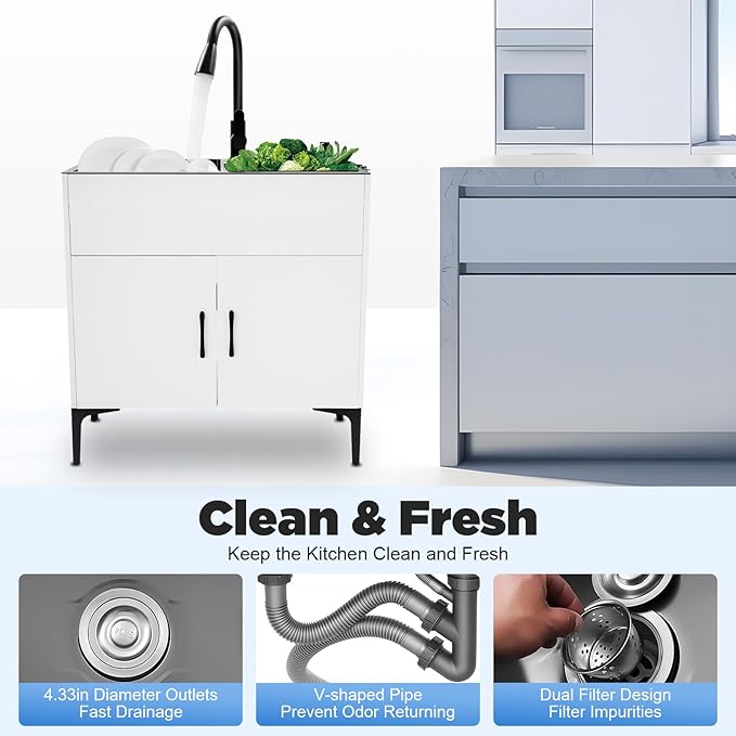 30-Inch Laundry Sink Cabinet with Stainless Steel Sink and Pull-Out Sprayer Faucet, Freestanding Deep Utility Sink with Cabinet Utility Tub for Bathroom Laundry Room Kitchen (White)