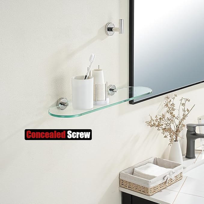 JQK Bathroom Glass Shelf, Floating Tempered Glass Shower Storage 20 by 5 inches, 304 Stainless Steel Polished Chrome Wall Mount 2 Pack 2 Pack, TGS121L20-CH-P2
