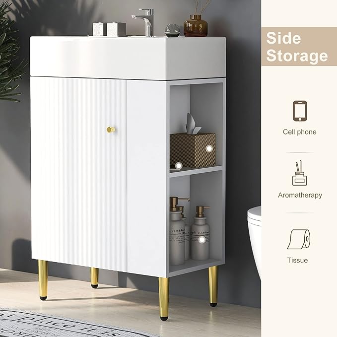 Favfurish 21.6" Bathroom Vanity with Rectangle Ceramic Vessel Sink Combo,Freestanding Right Side Storage Cabinet W/Soft-Close Doors,Assembled Quickly,for Small Spaces,White