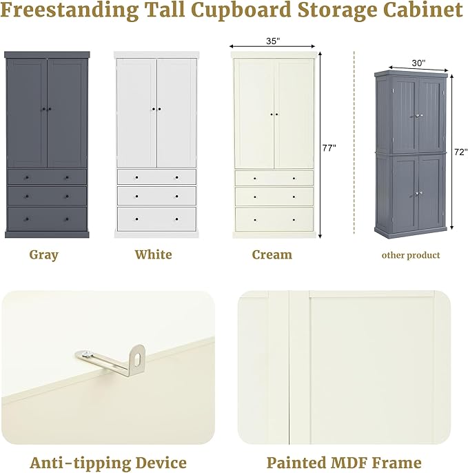 Merax 77" Tall Kitchen Storage Cabinet Pantry Freestanding Large Cupboard with 3 Drawers,3 Adjustable Shelves,8 Door-Shelf for Dining Room,Cream