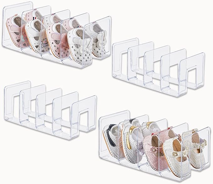 Clear Acrylic Kids Shoe Rack for Closet Organizers and Storage | 4 Pack Small Shoe Rack 4 Sections Toddler Baby Shoe Storage Organizer Stackable Shoe Shelf, Desk File Sorter Book Purse Organizer